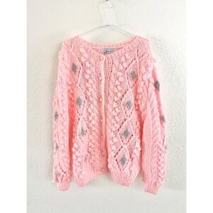 Vintage Cardigan Sweater Hand Knit Pink Diamond Popcorn Women's Large